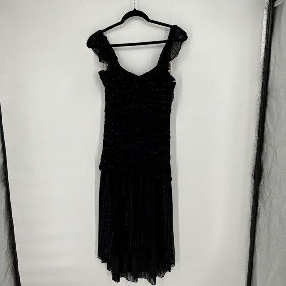 BCBGeneration Size 10 Black Silver Metallic Sleeveless Midi Dress Ruched Stretch - Picture 3 of 10